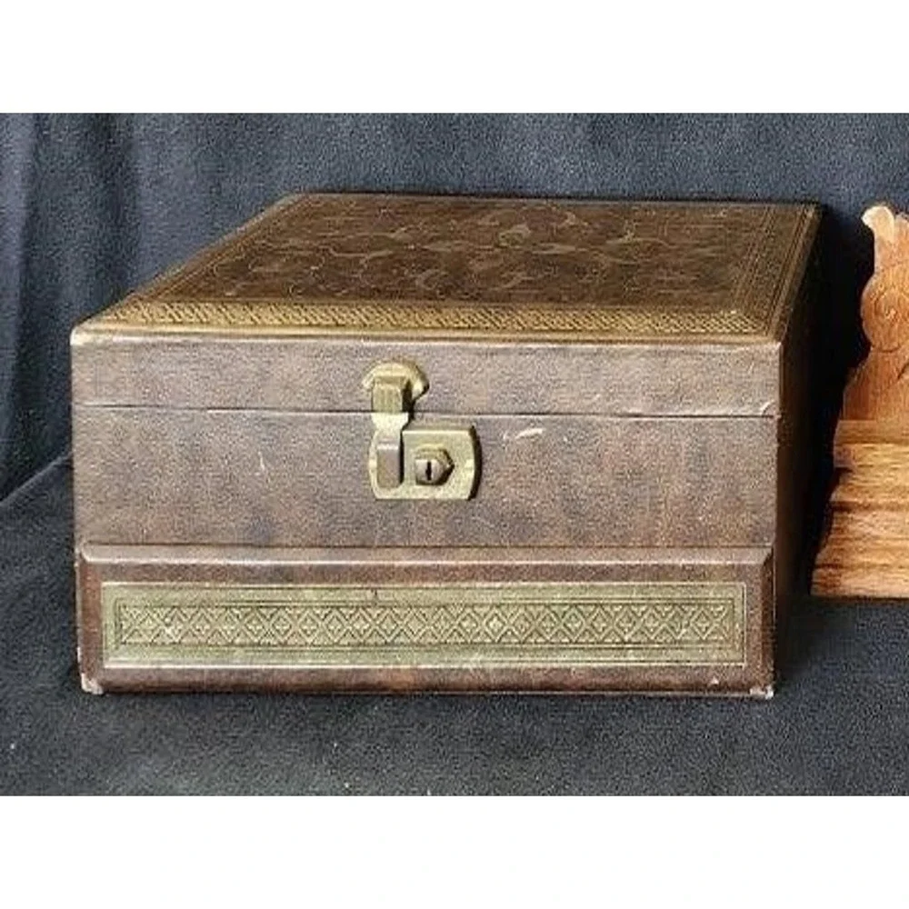 Vintage Leather‎ Covered Wooden Jewelry / Trinket Box [No Key]